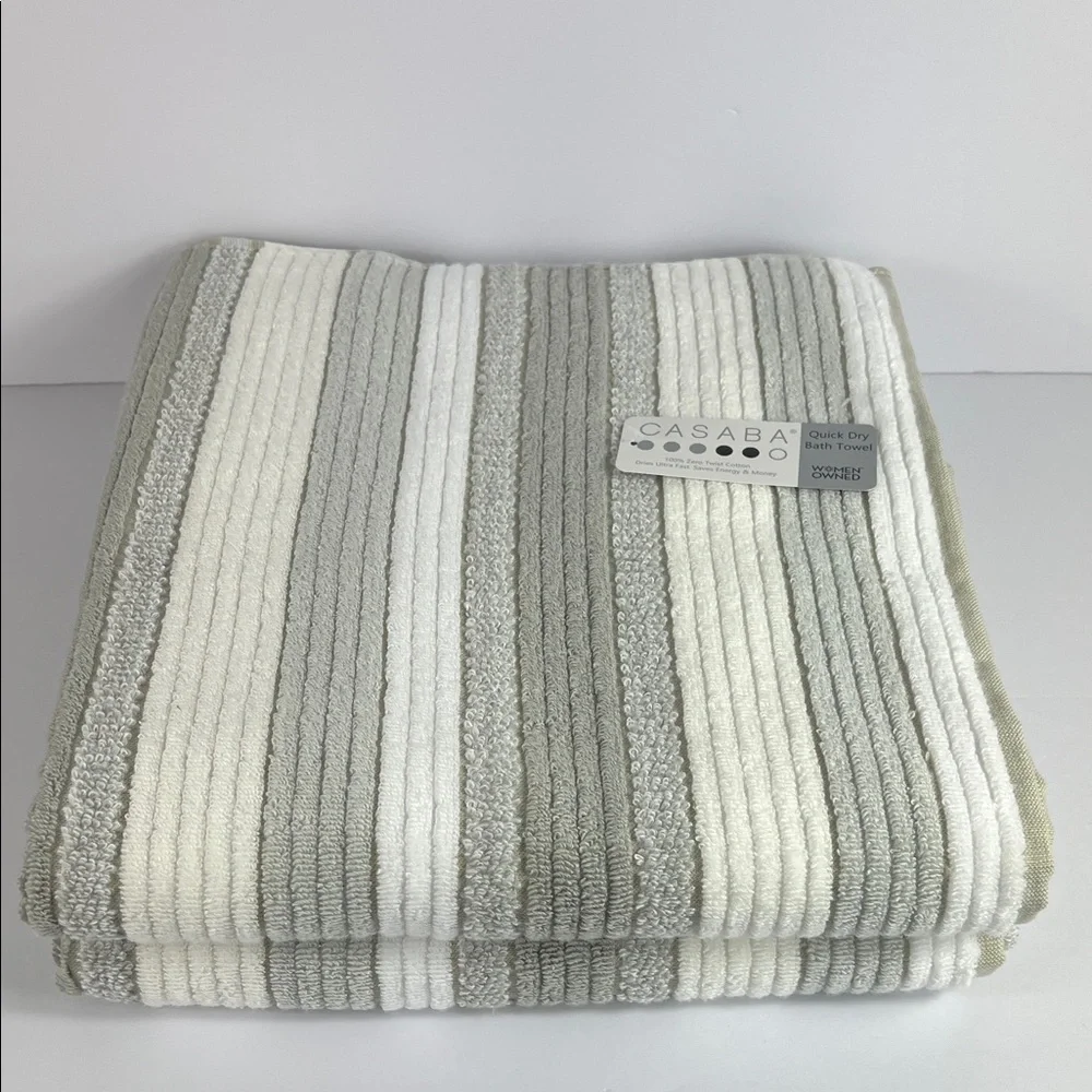 Casaba Bath Towel Set Striped Taupe Tan White Zero Twist Quick Dry 2 Pc NEW